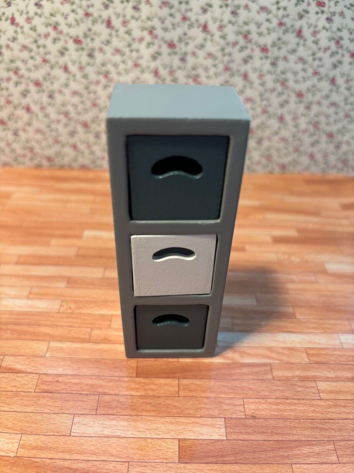 Dollhouse Miniature 3 Shelf Unit in Grey with 3 Storage Boxes
