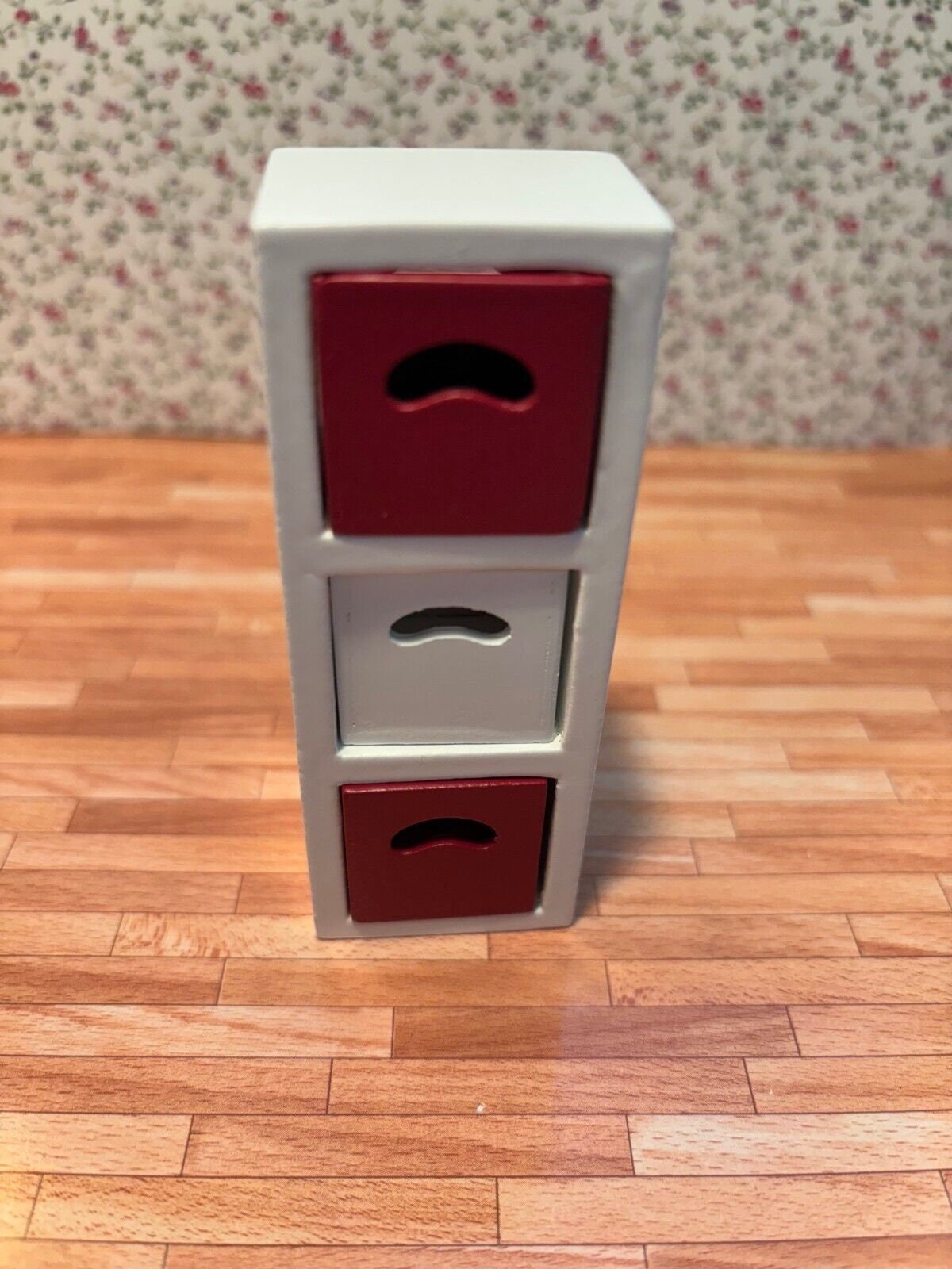 Dollhouse Miniature 3 Shelf Unit in White with 3 Storage Boxes