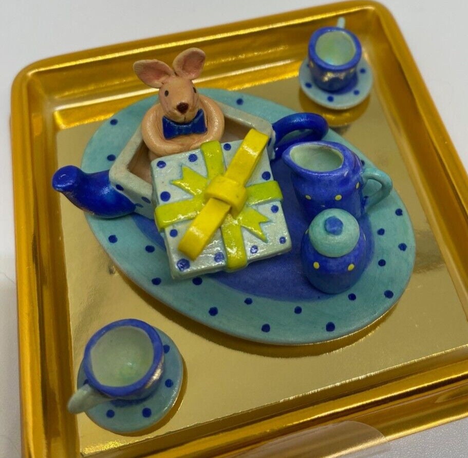 Dollhouse Miniature Blue Dots Tea Set - Handcrafted