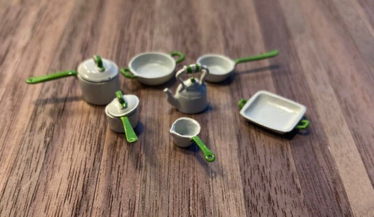 Dollhouse Miniature Pewter Cookware Set Half-Scale, Hand Painted