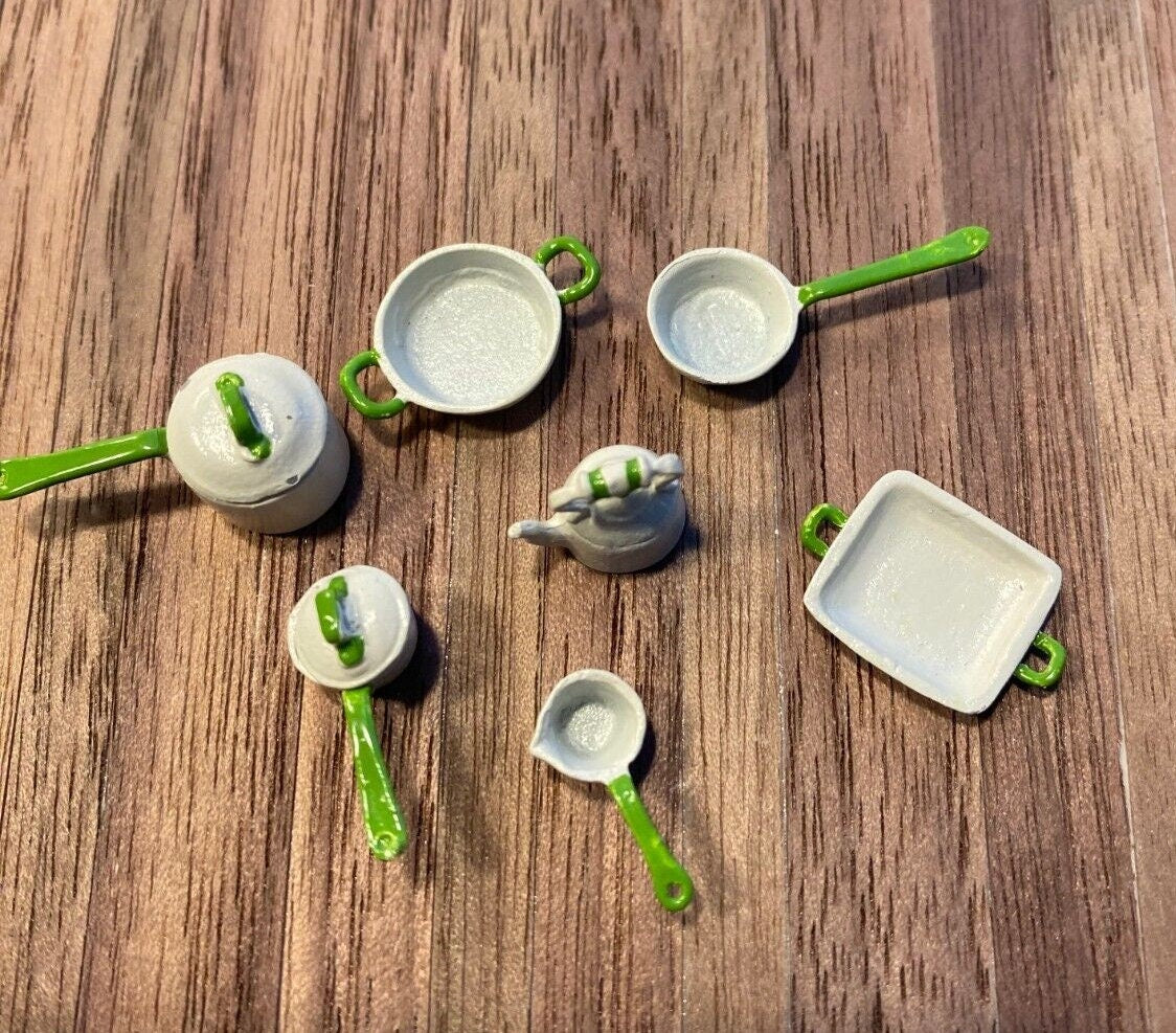 Dollhouse Miniature Pewter Cookware Set Half-Scale, Hand Painted