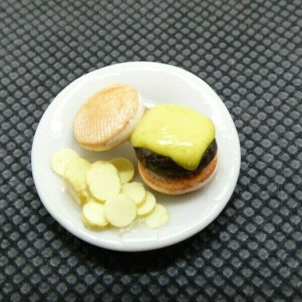 Dollhouse miniature cheeseburger with chips handcrafted