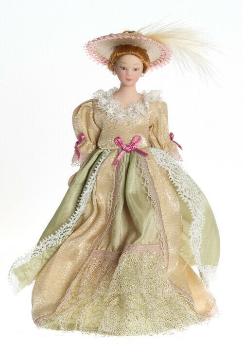 Dollhouse victorian lady in beige gown 1/12 scale