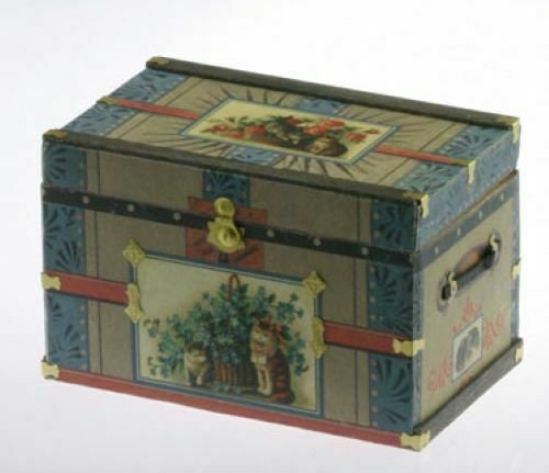 Dollhouse miniature lithograph wooden trunk kit, victorian cat