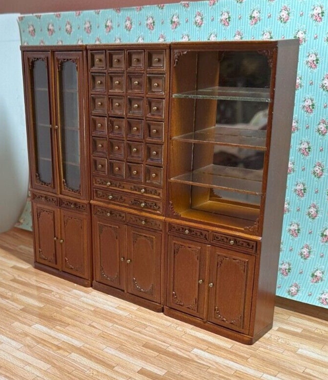 Dollhouse miniature 3 piece library set in walnut by jia-li