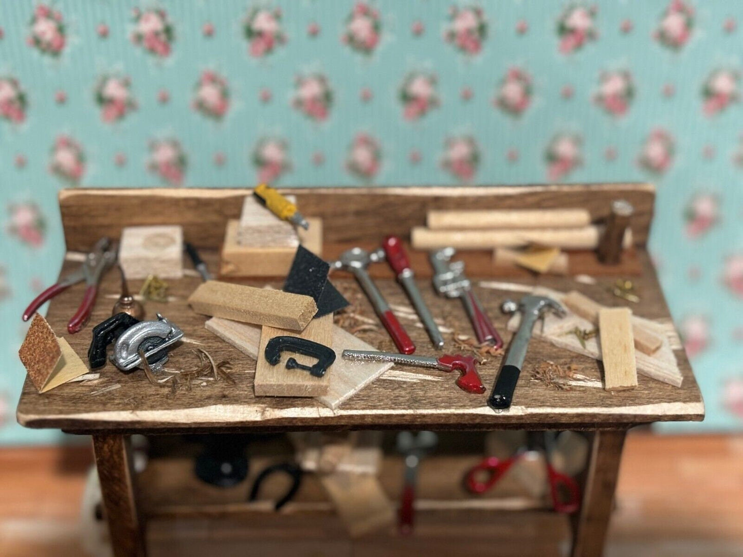 Dollhouse miniature tool table handcrafted by taylor jade