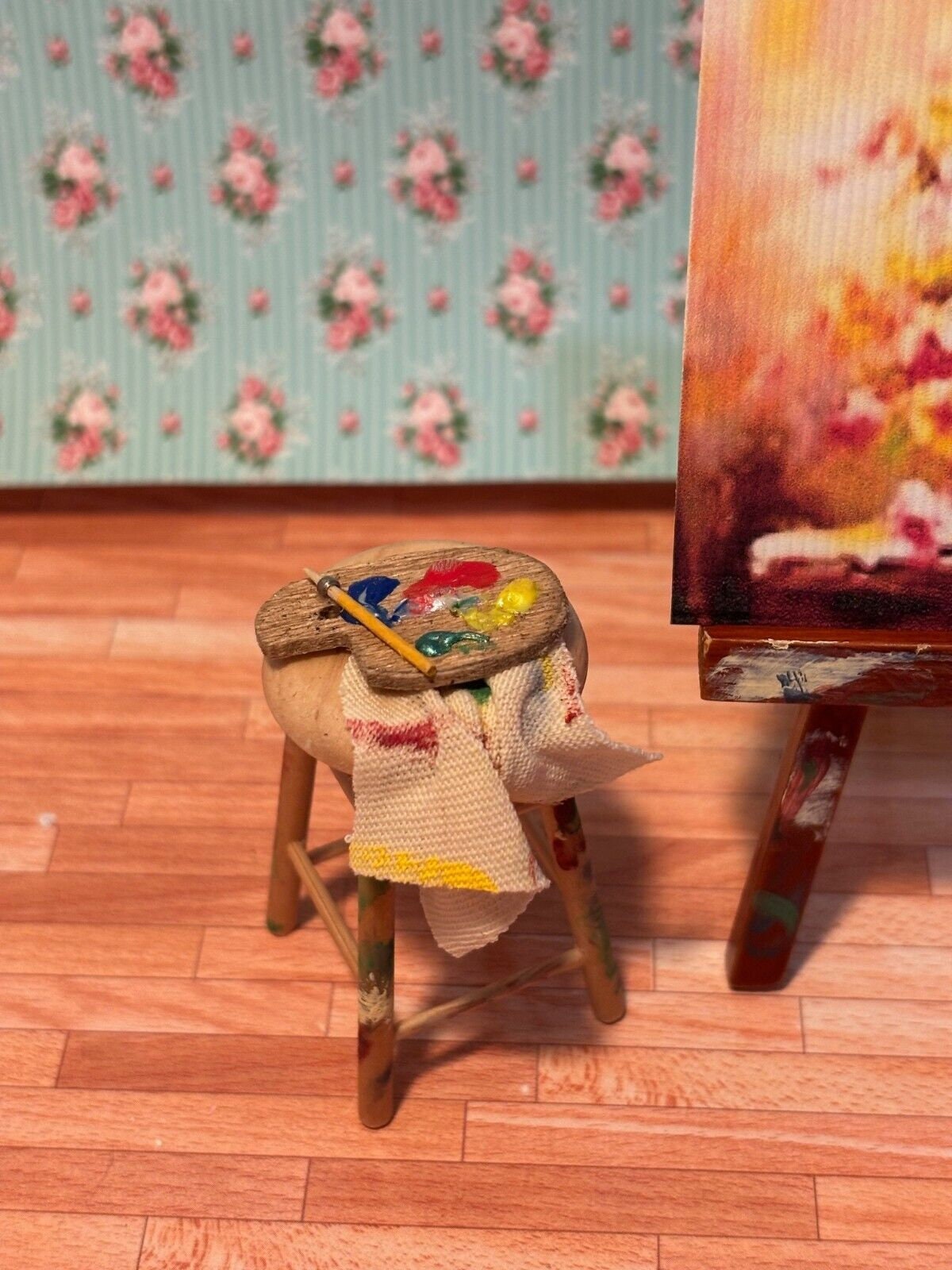 Dollhouse miniature art easel and stool - floral - handcrafted by taylor jade