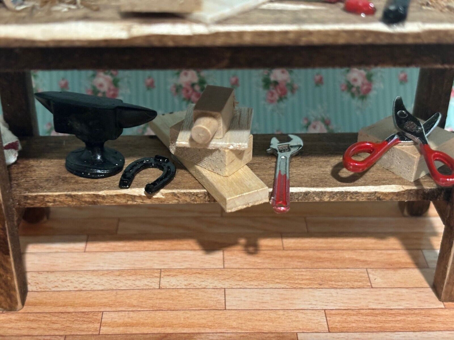 Dollhouse miniature tool table handcrafted by taylor jade