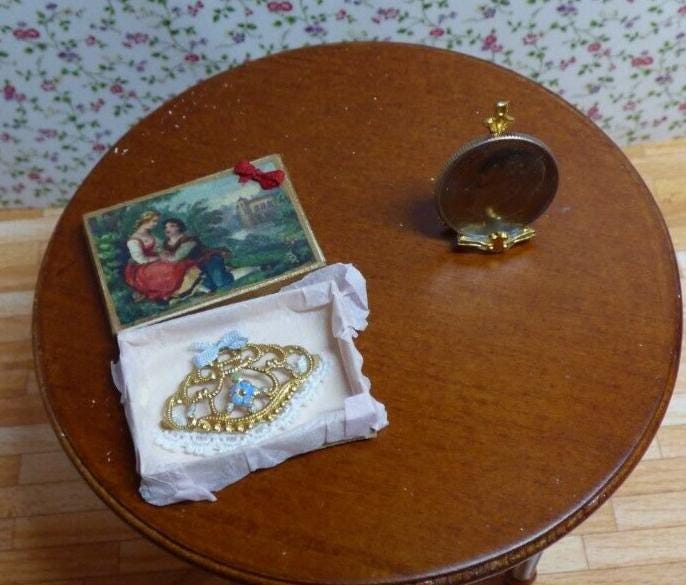 Dollhouse miniature blue fan in decorative box handcrafted