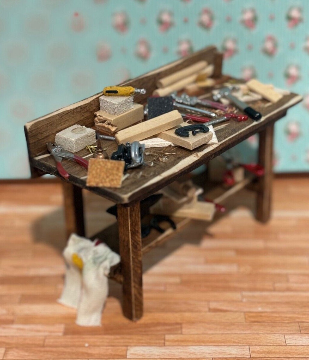 Dollhouse miniature tool table handcrafted by taylor jade