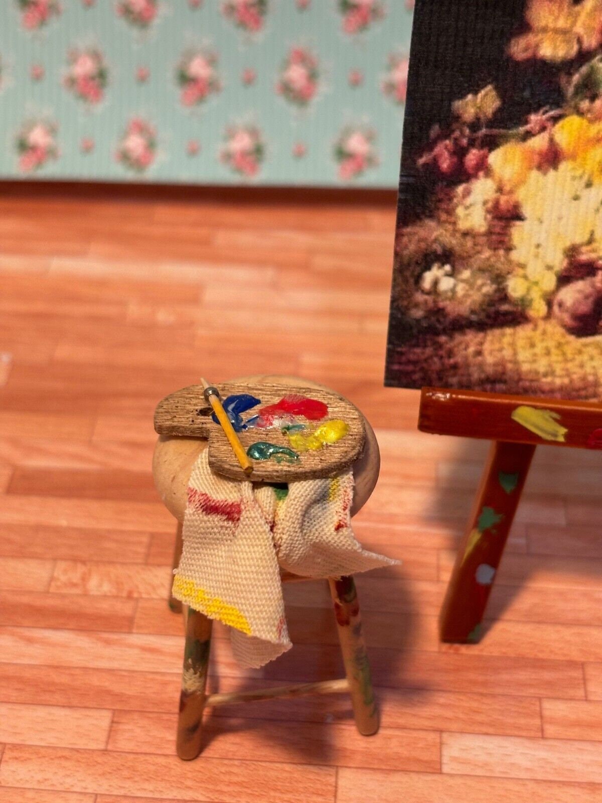 Dollhouse miniature art easel and stool - fruits - handcrafted by taylor jade