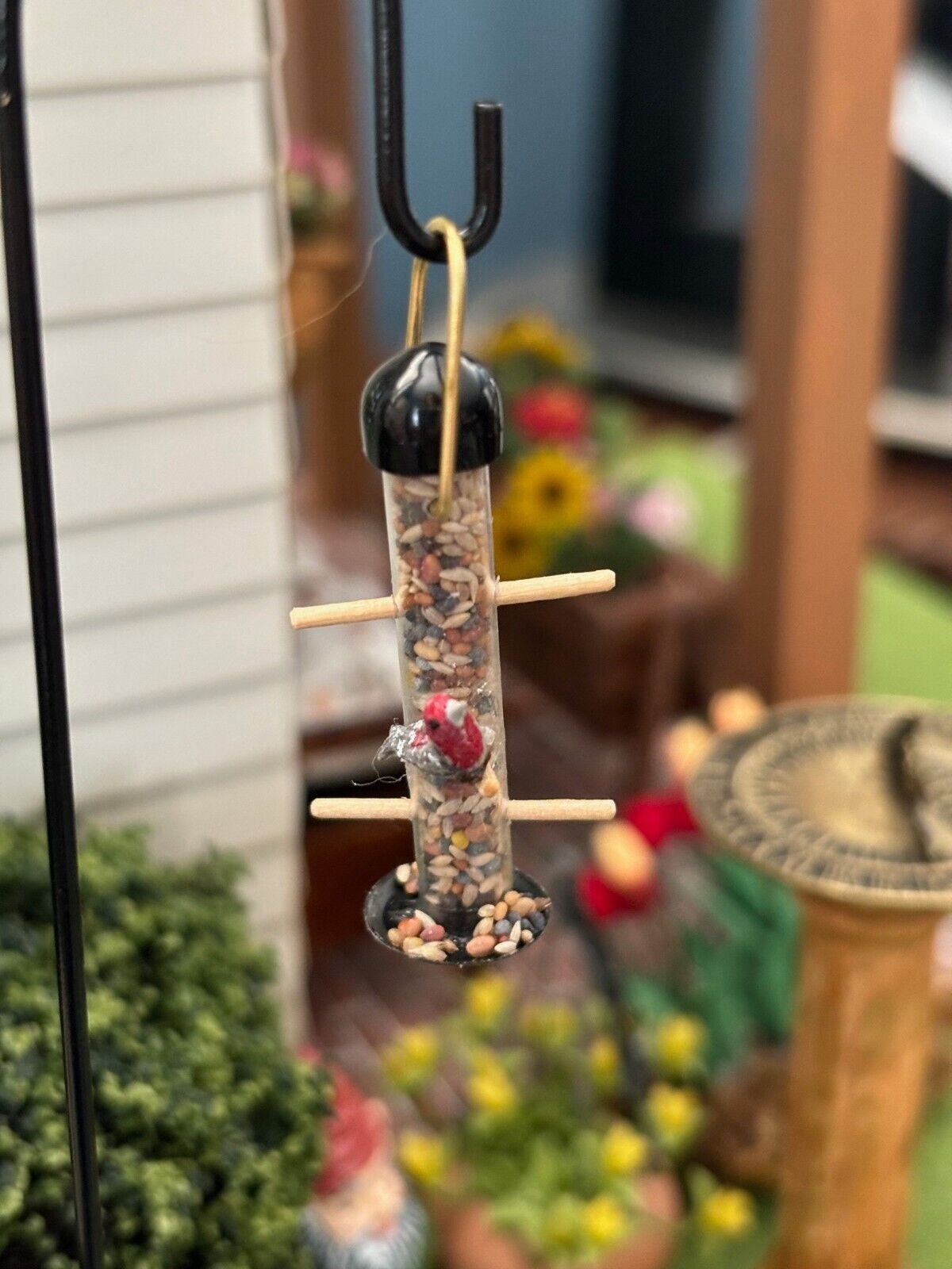 Dollhouse miniature birdhouse with red bird - handcrafted