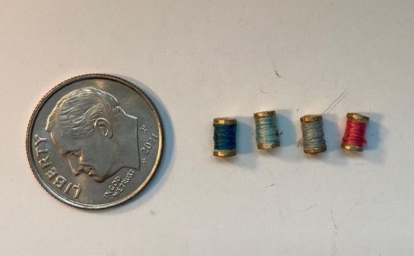 Dollhouse miniature set of 4 thread spools, handcrafted