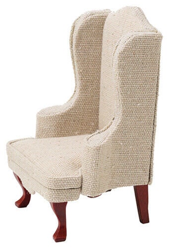Dollhouse miniature chair mahogany, with beige fabric