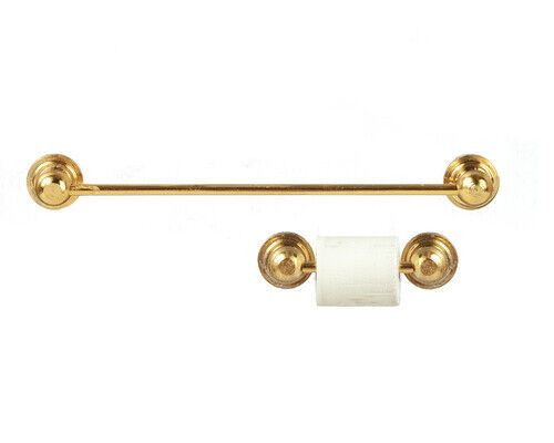 Dollhouse Miniature Brass Towel and Toilet Paper Holder