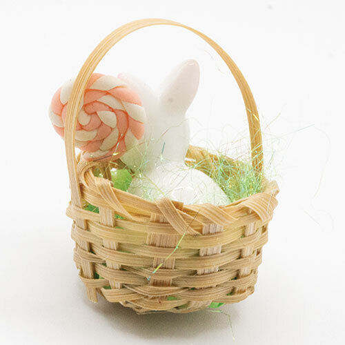 Dollhouse Miniature Bunny in Basket with Lollipop