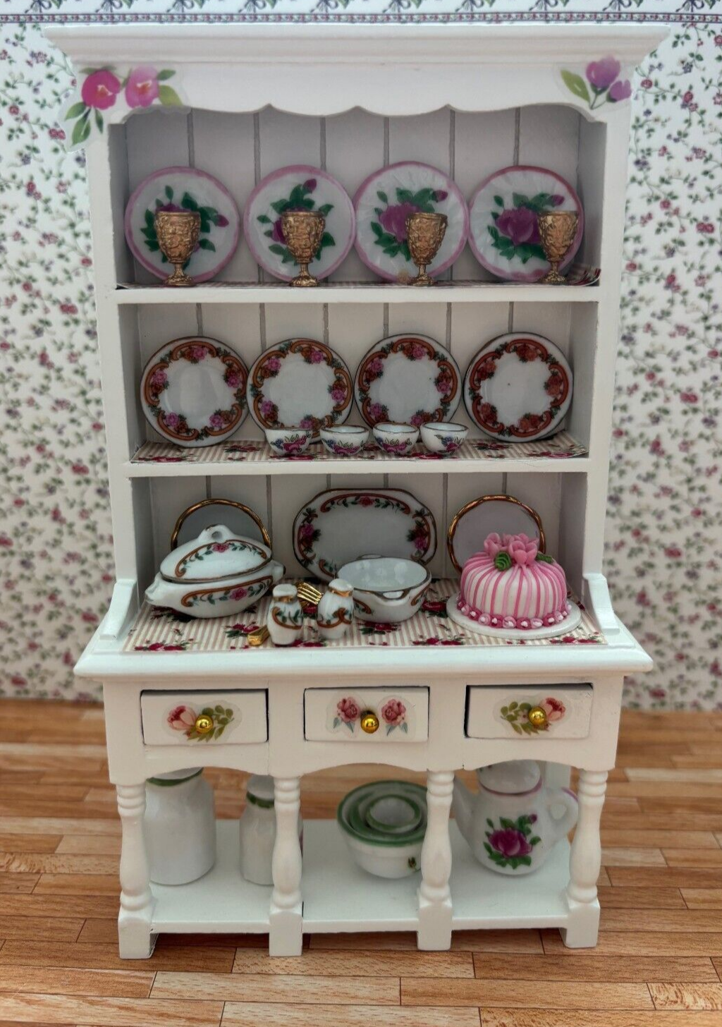 Dollhouse Miniature White Hutch with Rose Accessories