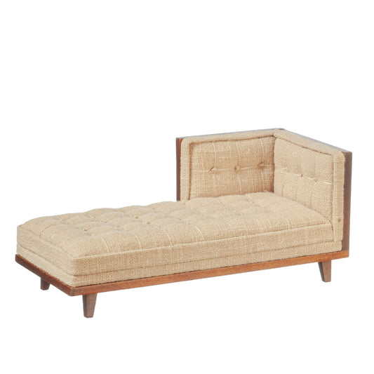 JBM Dollhouse Miniature Mid Century Chaise - Beige, Linen, Walnut