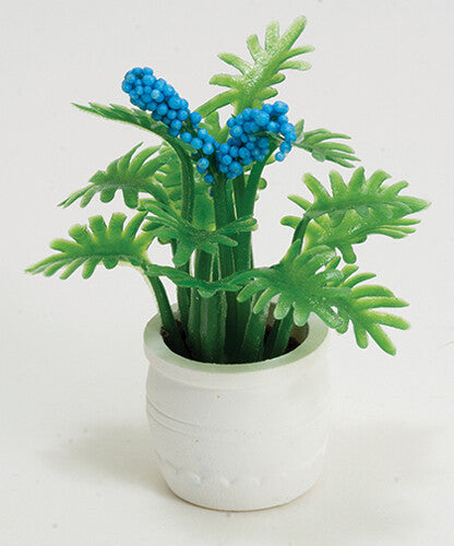 Dollhouse Miniature Plant with Blue Flowers in White Pot