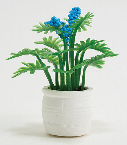 Dollhouse Miniature Plant with Blue Flowers in White Pot