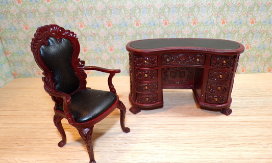 Dollhouse Miniature Mahogany Kidney Desk, Leather Top, and Chair by Hansson