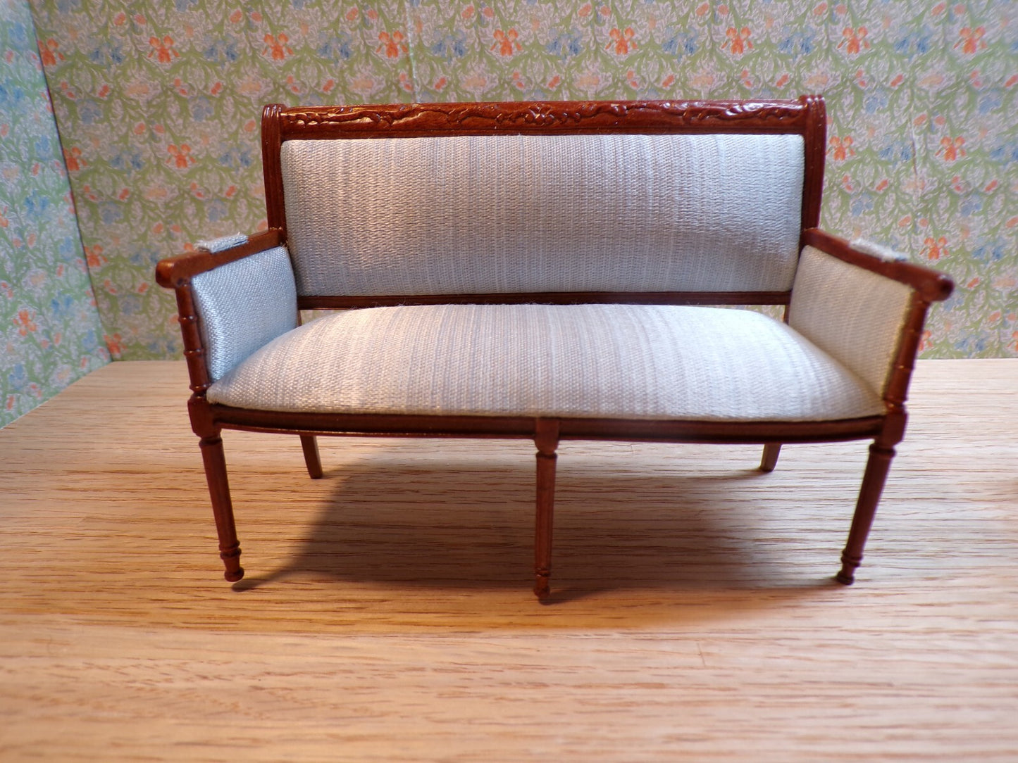 Dollhouse Miniature Walnut Living Room Set of 2 with Blue Upholstery by Hansson