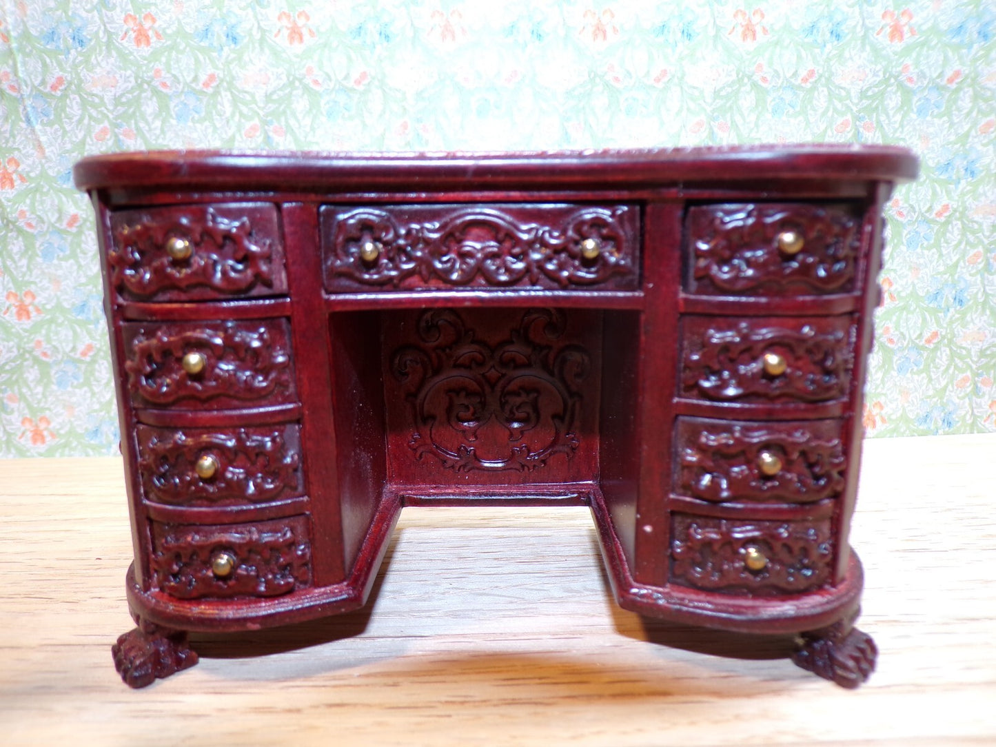 Dollhouse Miniature Mahogany Kidney Desk, Leather Top, and Chair by Hansson