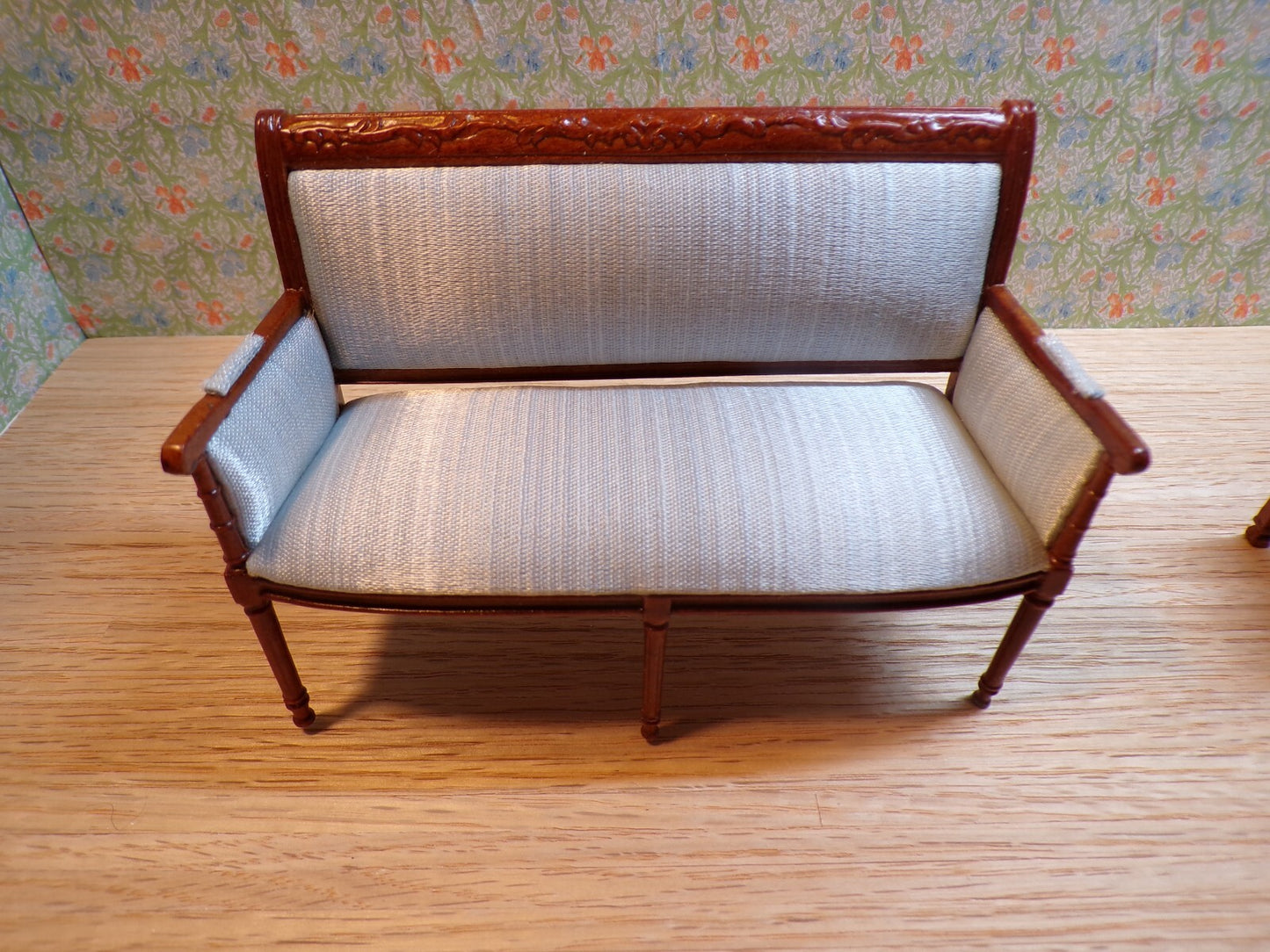 Dollhouse Miniature Walnut Living Room Set of 2 with Blue Upholstery by Hansson
