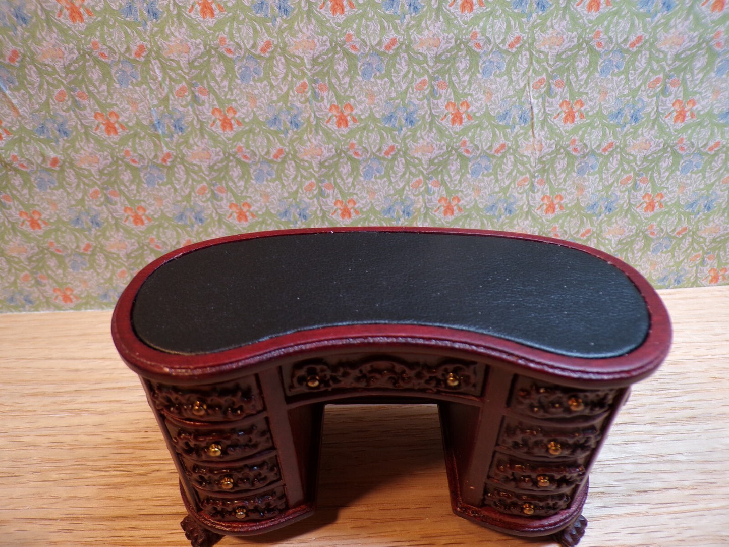 Dollhouse Miniature Mahogany Kidney Desk, Leather Top, and Chair by Hansson