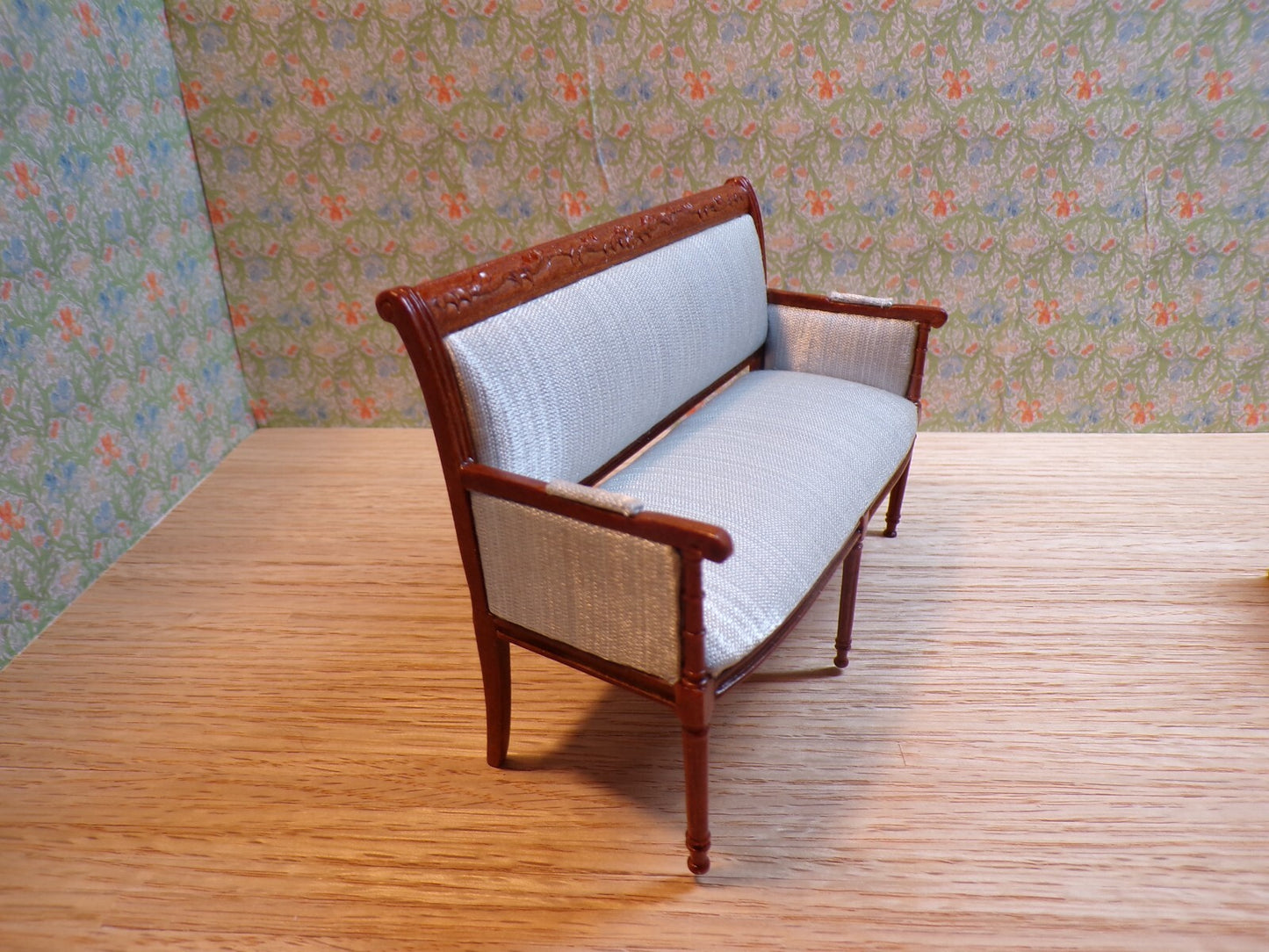 Dollhouse Miniature Walnut Living Room Set of 2 with Blue Upholstery by Hansson