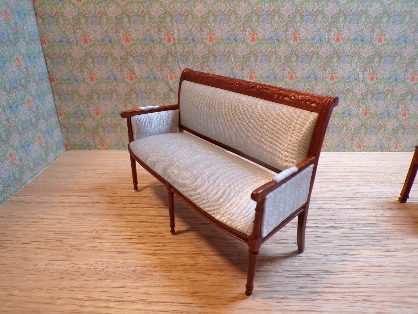 Dollhouse Miniature Walnut Living Room Set of 2 with Blue Upholstery by Hansson