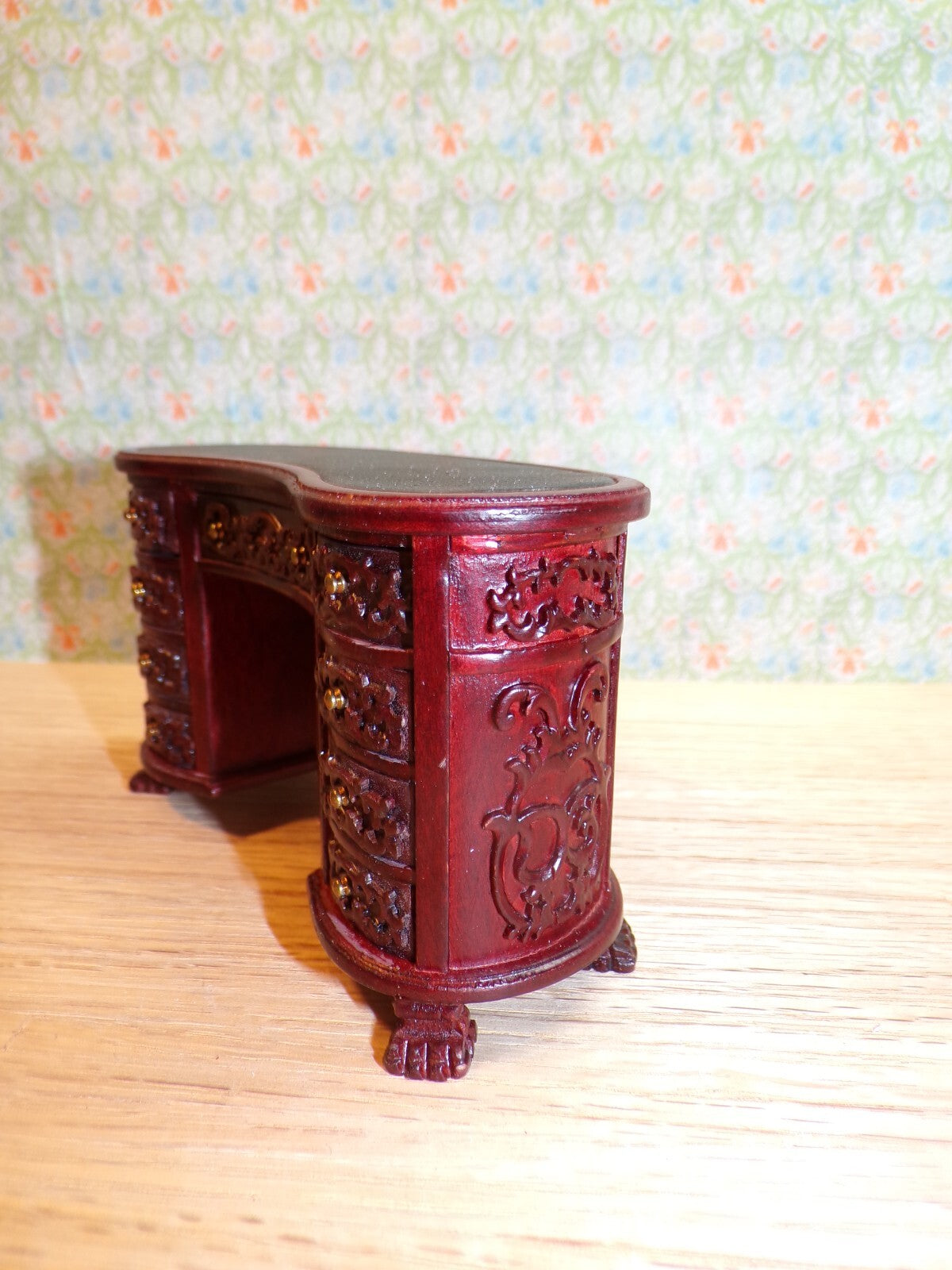 Dollhouse Miniature Mahogany Kidney Desk, Leather Top, and Chair by Hansson