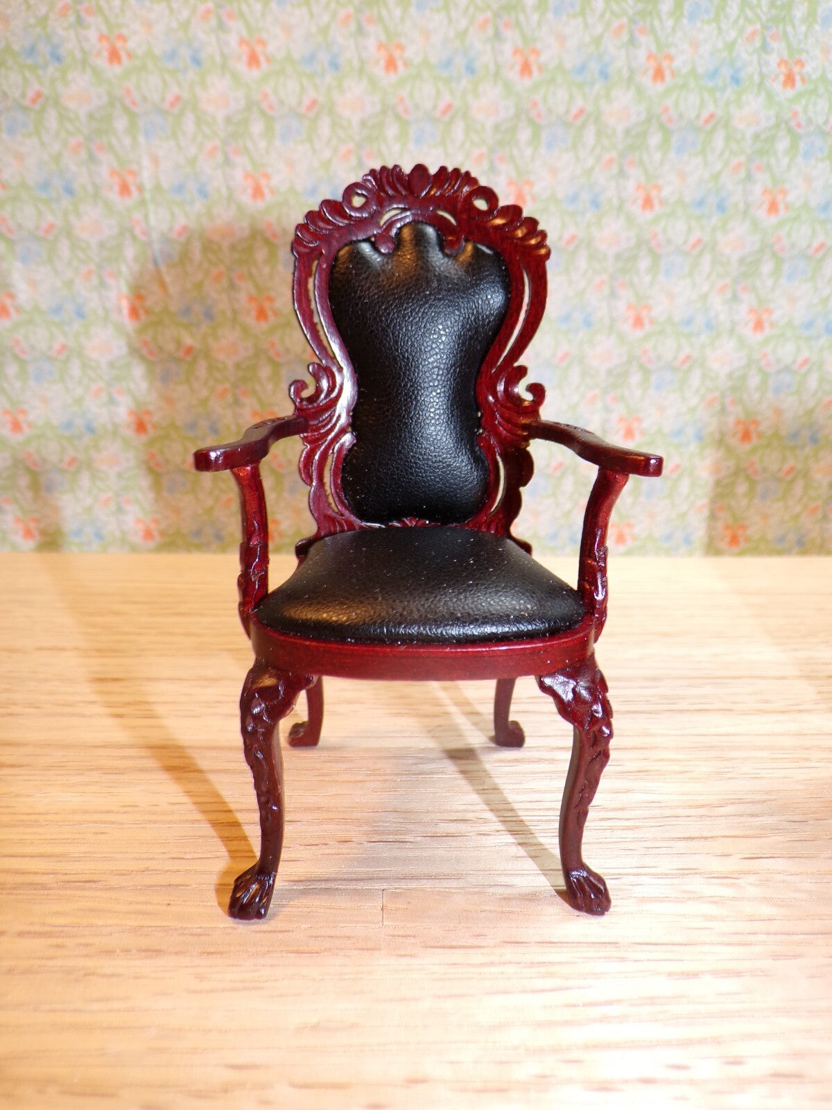 Dollhouse Miniature Mahogany Kidney Desk, Leather Top, and Chair by Hansson