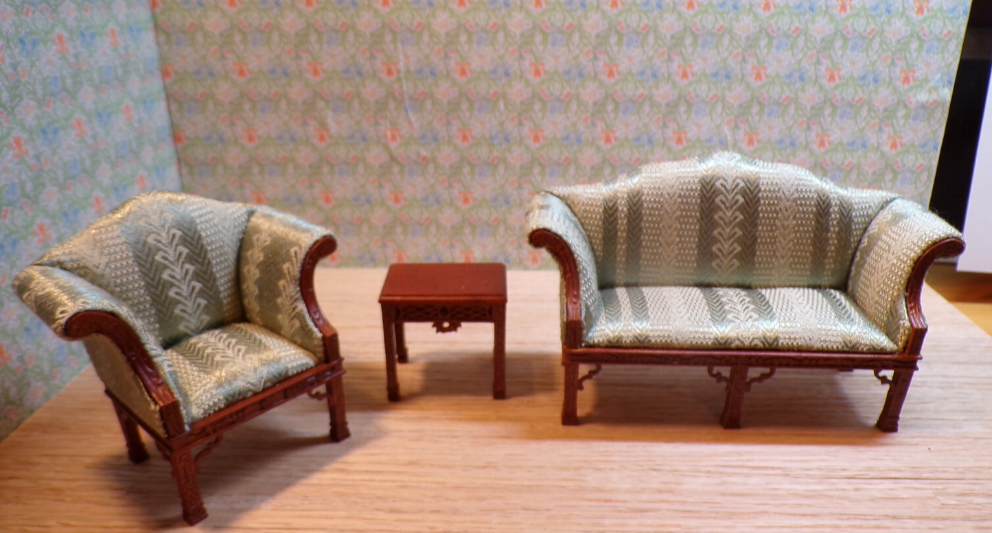 Dollhouse Miniature Walnut Living Room Set of  with Green Upholstery by Hansson