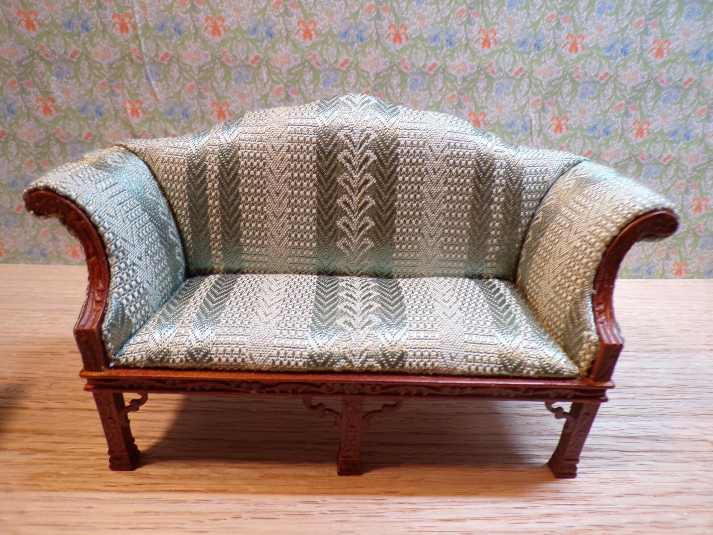 Dollhouse Miniature Walnut Living Room Set of  with Green Upholstery by Hansson