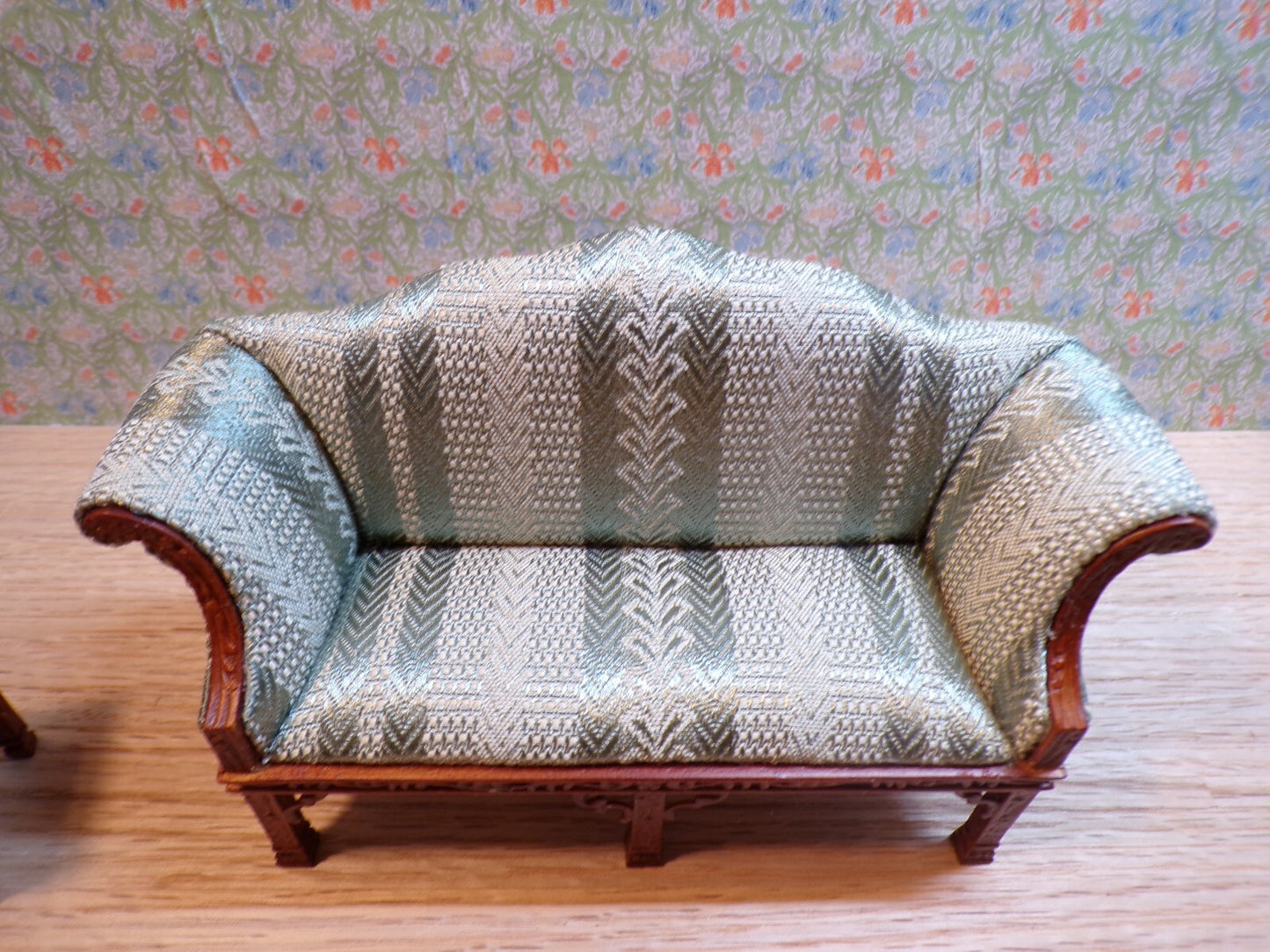 Dollhouse Miniature Walnut Living Room Set of  with Green Upholstery by Hansson