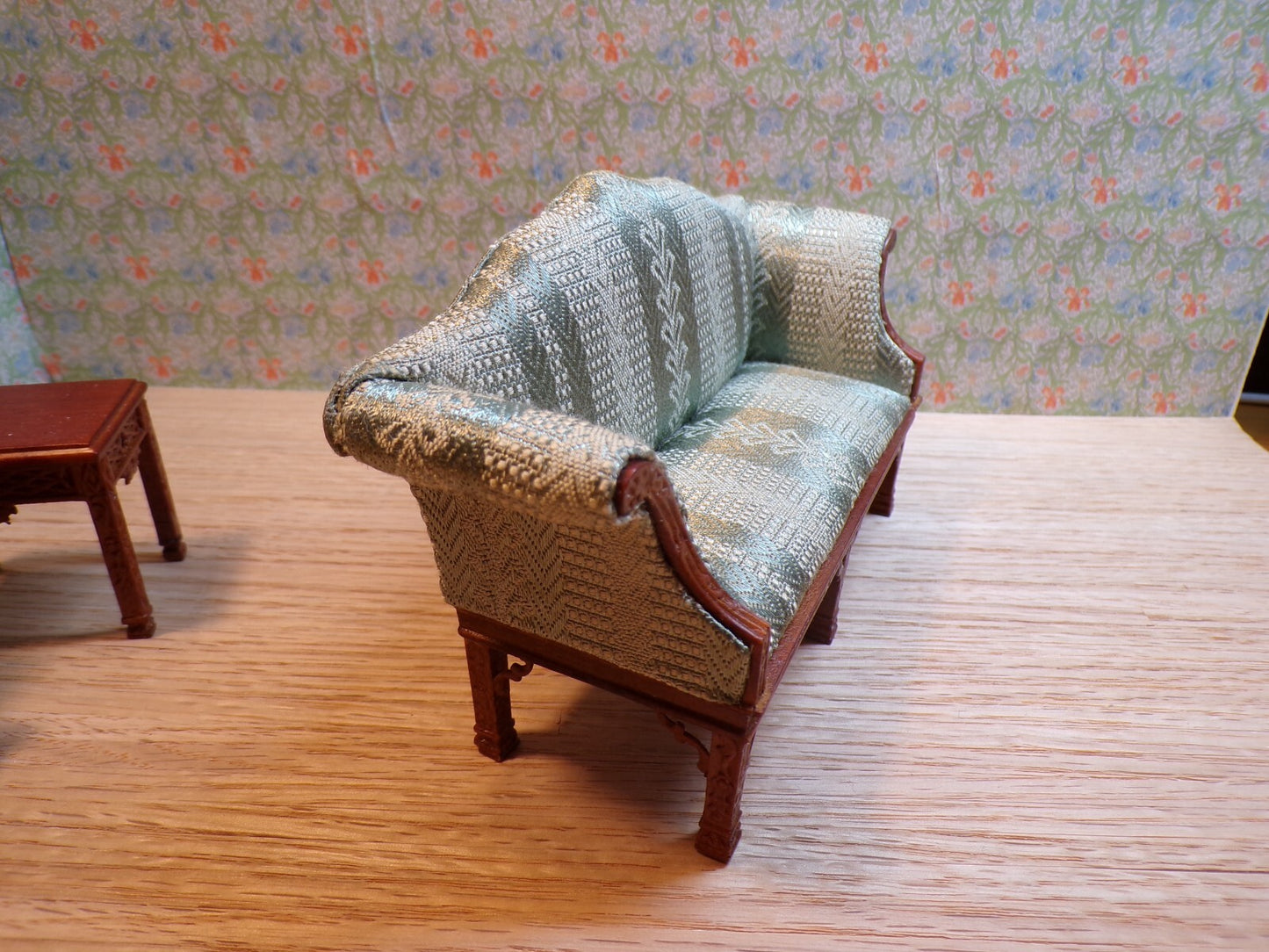 Dollhouse Miniature Walnut Living Room Set of  with Green Upholstery by Hansson