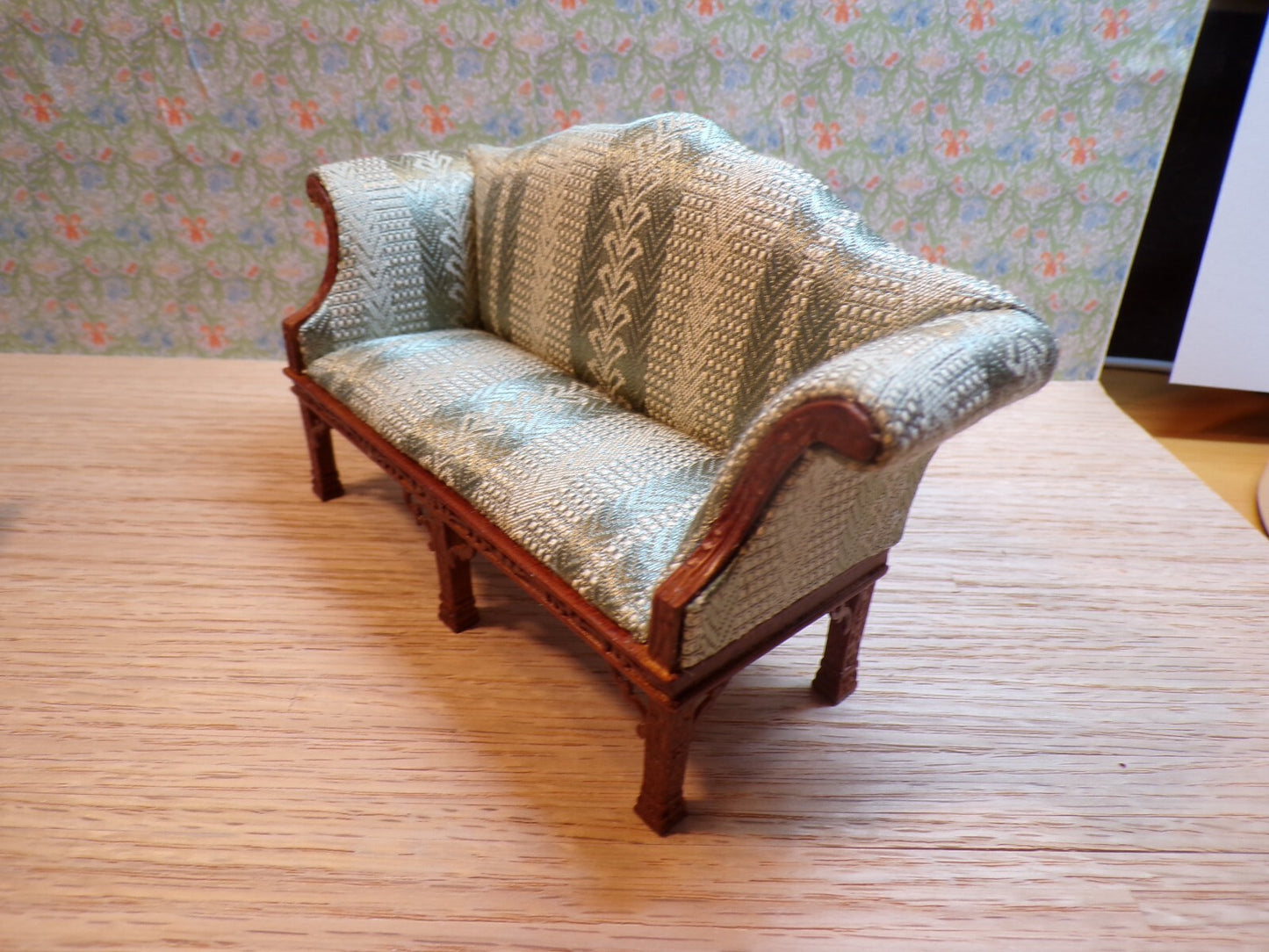 Dollhouse Miniature Walnut Living Room Set of  with Green Upholstery by Hansson