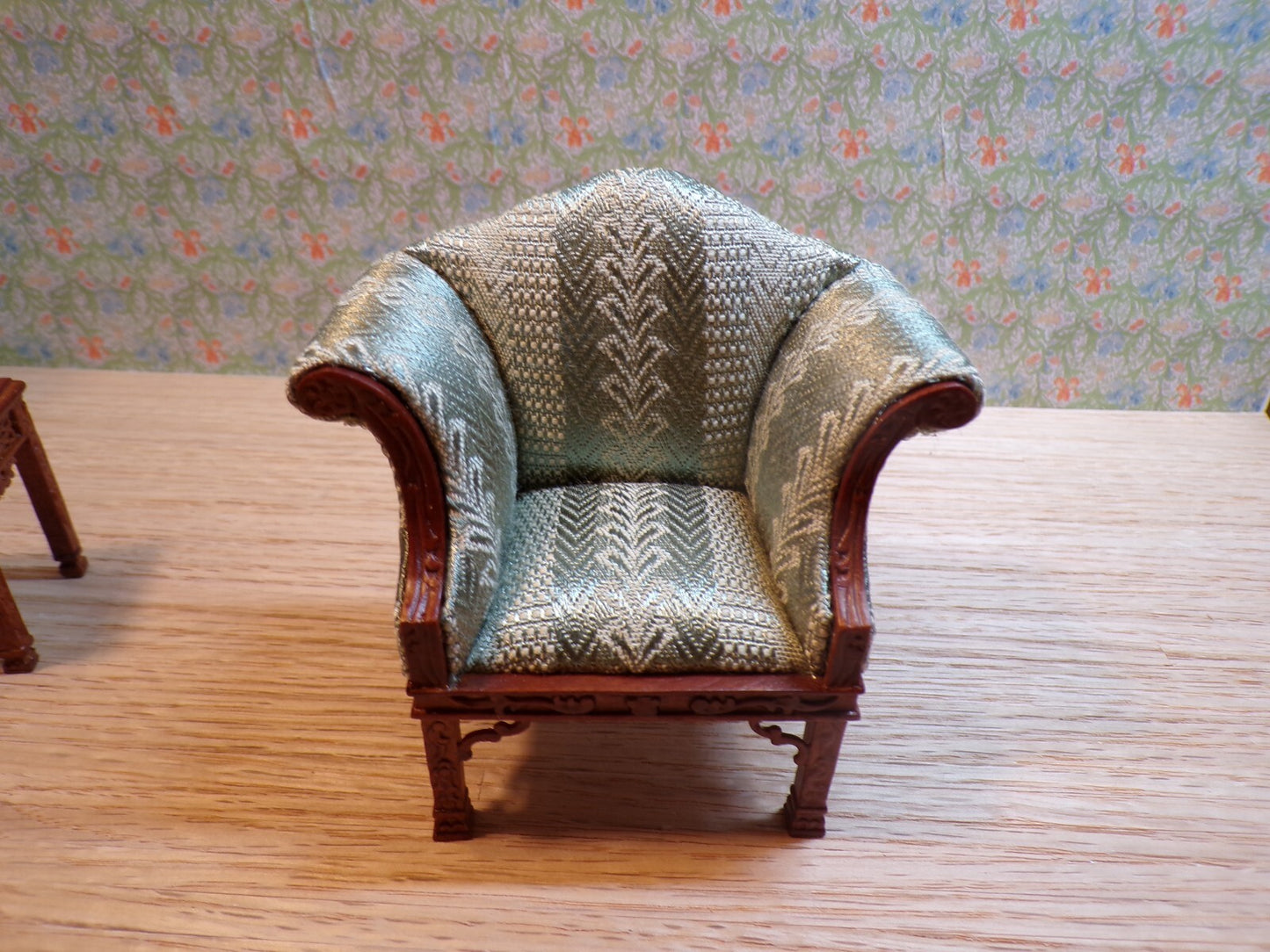 Dollhouse Miniature Walnut Living Room Set of  with Green Upholstery by Hansson
