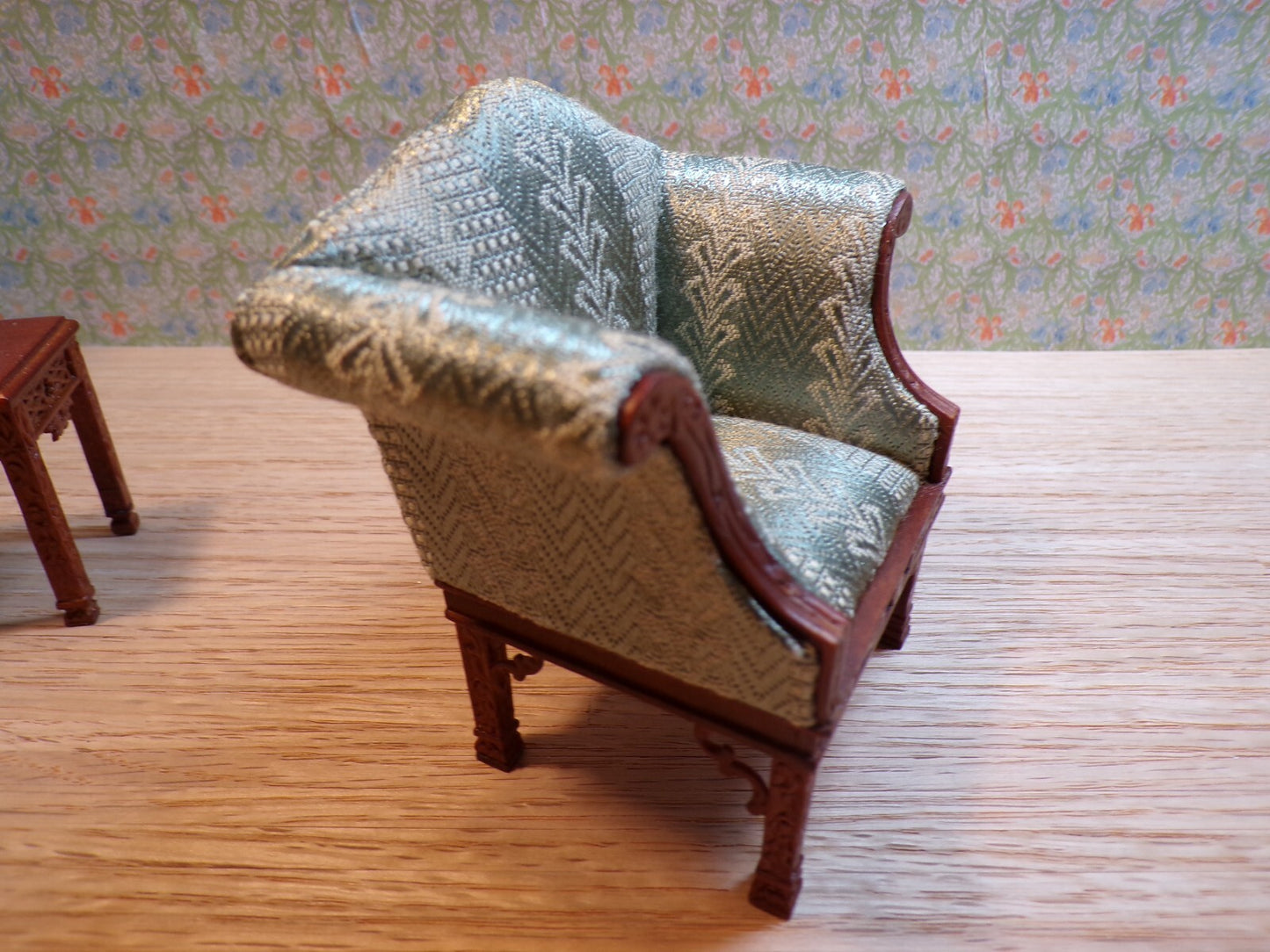 Dollhouse Miniature Walnut Living Room Set of  with Green Upholstery by Hansson