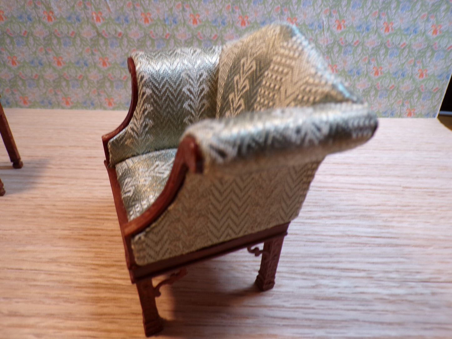 Dollhouse Miniature Walnut Living Room Set of  with Green Upholstery by Hansson