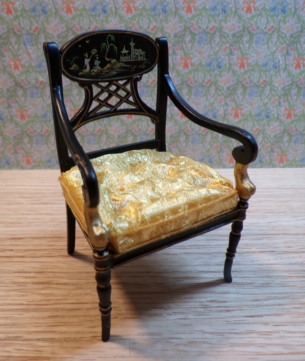 Miniature Dollhouse Black/Gold Armchair with Asian Design by Hansson