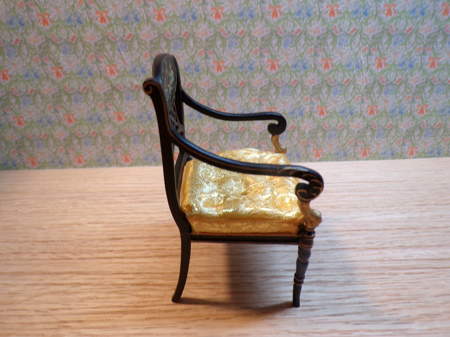 Miniature Dollhouse Black/Gold Armchair with Asian Design by Hansson