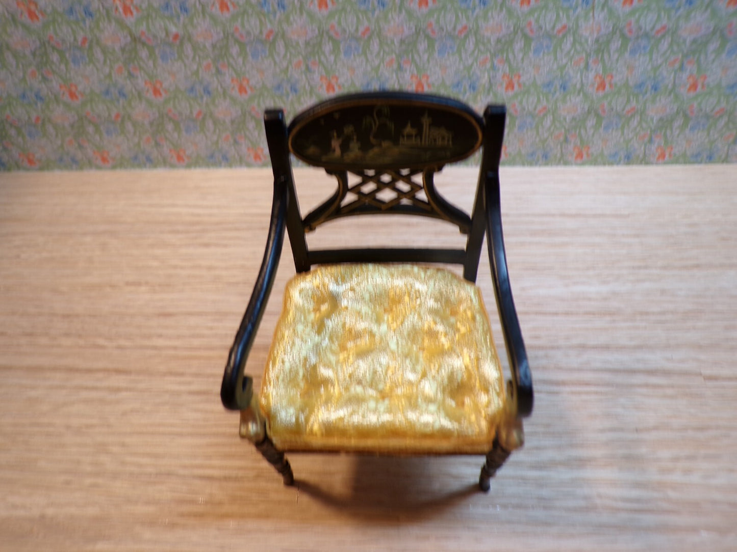 Miniature Dollhouse Black/Gold Armchair with Asian Design by Hansson