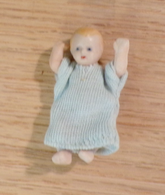 Dollhouse Miniature Baby Doll in Blue Dress 1/12 Scale