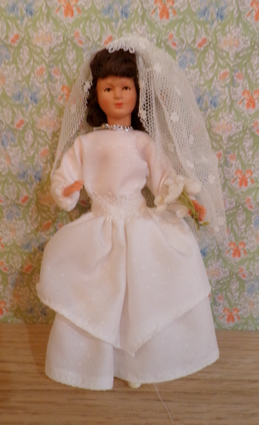 Dollhouse Miniature Brunette Bride Doll 1/12 Scale
