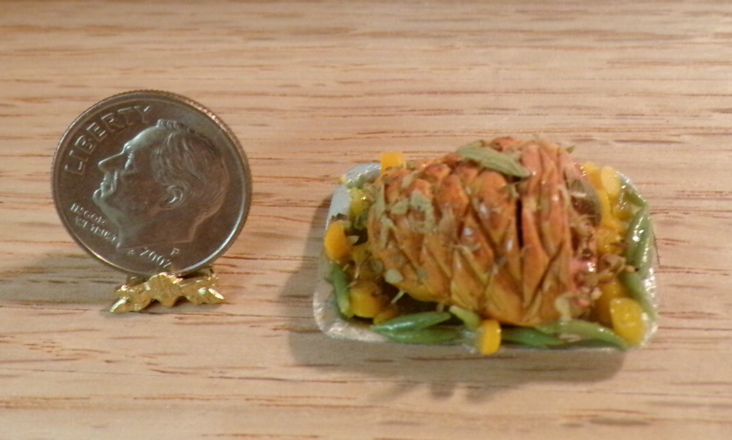 Dollhouse Miniature Spiral Glazed Ham with Vegetables - Handcrafted