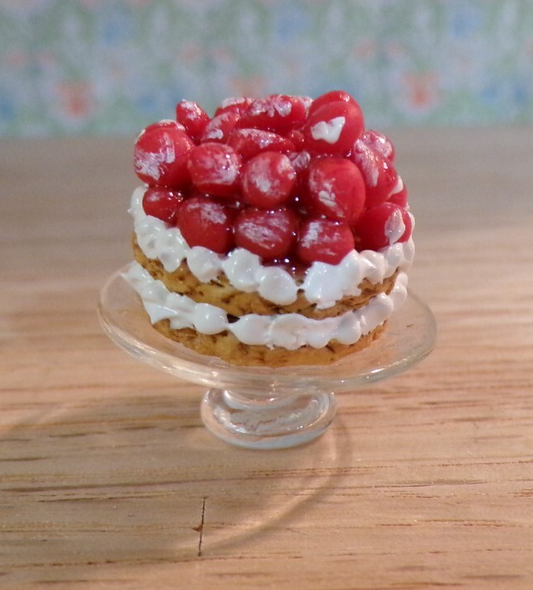 Dollhouse Miniature Strawberry Shortcake on Glass Tray - Handcrafted