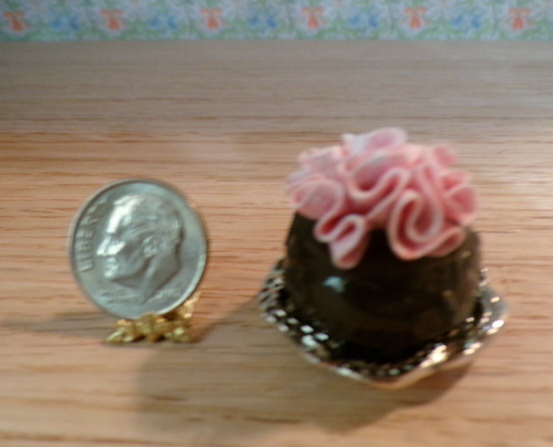 Dollhouse Miniature Chocolate Cake with Strawberry Rose - Handcrafted