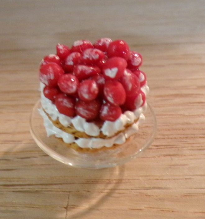 Dollhouse Miniature Strawberry Shortcake on Glass Tray - Handcrafted